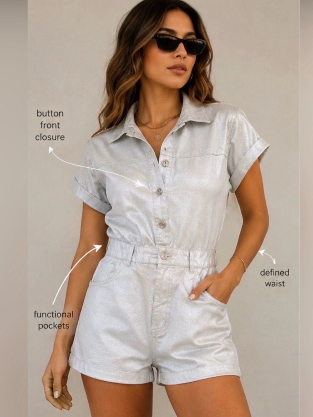 Zara White Short-Sleeve Romper metallic shimmer blueish grey